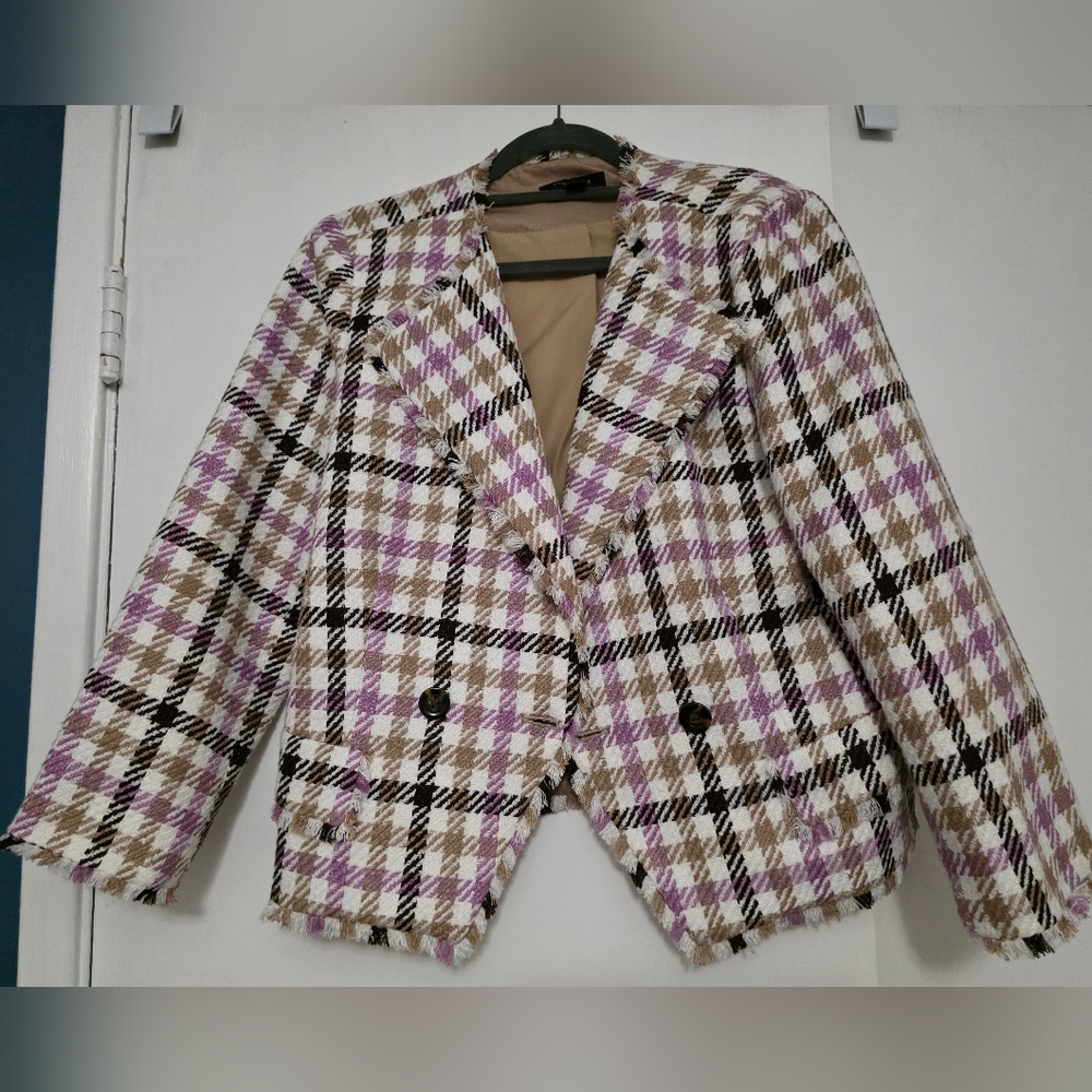 Ann Taylor Checked Bouclé Blazer in Beige, Pink & Black